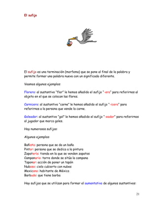 El sufijo
El sufijo es una terminación (morfema) que se pone al final de la palabra y
permite formar una palabra nueva con un significado diferente.
Veamos algunos ejemplos:
Florero: al sustantivo “flor” le hemos añadido el sufijo “-ero“ para referirnos al
objeto en el que se colocan las flores.
Carnicero: al sustantivo “carne” le hemos añadido el sufijo “-icero“ para
referirnos a la persona que vende la carne.
Goleador: al sustantivo “gol” le hemos añadido el sufijo “-eador“ para referirnos
al jugador que marca goles.
Hay numerosos sufijos:
Algunos ejemplos:
Bañista: persona que se da un baño
Pintor: persona que se dedica a la pintura
Zapatería: tienda en la que se venden zapatos
Campanario: torre donde se sitúa la campana
Taponar: acción de poner un tapón
Nuboso: cielo cubierto con nubes
Mexicano: habitante de México
Barbudo: que tiene barba
Hay sufijos que se utilizan para formar el aumentativo de algunos sustantivos:
21
 