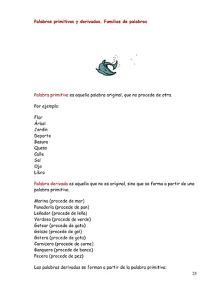 Palabras primitivas y derivadas. Familias de palabras
Palabra primitiva es aquella palabra original, que no procede de otra.
Por ejemplo:
Flor
Árbol
Jardín
Deporte
Basura
Queso
Calle
Sal
Ojo
Libro
Palabra derivada es aquella que no es original, sino que se forma a partir de una
palabra primitiva.
Marino (procede de mar)
Panadería (procede de pan)
Leñador (procede de leña)
Verdoso (procede de verde)
Gatear (procede de gato)
Golazo (procede de gol)
Gotera (procede de gota)
Carnicero (procede de carne)
Banquero (procede de banco)
Pecera (procede de pez)
Las palabras derivadas se forman a partir de la palabra primitiva:
25
 