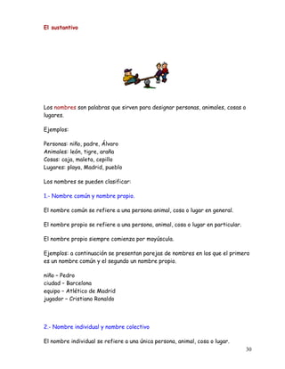 El sustantivo
Los nombres son palabras que sirven para designar personas, animales, cosas o
lugares.
Ejemplos:
Personas: niño, padre, Álvaro
Animales: león, tigre, araña
Cosas: caja, maleta, cepillo
Lugares: playa, Madrid, pueblo
Los nombres se pueden clasificar:
1.- Nombre común y nombre propio.
El nombre común se refiere a una persona animal, cosa o lugar en general.
El nombre propio se refiere a una persona, animal, cosa o lugar en particular.
El nombre propio siempre comienza por mayúscula.
Ejemplos: a continuación se presentan parejas de nombres en los que el primero
es un nombre común y el segundo un nombre propio.
niño – Pedro
ciudad – Barcelona
equipo – Atlético de Madrid
jugador – Cristiano Ronaldo
2.- Nombre individual y nombre colectivo
El nombre individual se refiere a una única persona, animal, cosa o lugar.
30
 