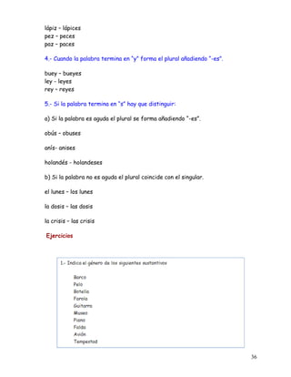 lápiz – lápices
pez – peces
paz – paces
4.- Cuando la palabra termina en “y” forma el plural añadiendo “-es”.
buey – bueyes
ley - leyes
rey – reyes
5.- Si la palabra termina en “s” hay que distinguir:
a) Si la palabra es aguda el plural se forma añadiendo “-es”.
obús – obuses
anís- anises
holandés - holandeses
b) Si la palabra no es aguda el plural coincide con el singular.
el lunes – los lunes
la dosis – las dosis
la crisis – las crisis
Ejercicios
36
 