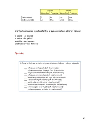 El artículo concuerda con el sustantivo al que acompaña en género y número:
el coche – los coches
la pelota – las pelota
un avión – unos aviones
una muñeca – unas muñecas
Ejercicios
42
 