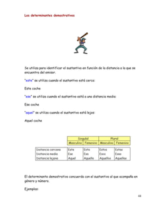 Los determinantes demostrativos
Se utiliza para identificar el sustantivo en función de la distancia a la que se
encuentra del emisor.
“este” se utiliza cuando el sustantivo está cerca:
Este coche
“ese” se utiliza cuando el sustantivo está a una distancia media:
Ese coche
“aquel” se utiliza cuando el sustantivo está lejos:
Aquel coche
El determinante demostrativo concuerda con el sustantivo al que acompaña en
género y número.
Ejemplos:
44
 
