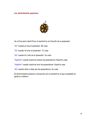 Los determinante posesivos
Se utiliza para identificar el sustantivo en función de su poseedor.
“mi” cuando yo soy el poseedor: Mi casa
“tu” cuando tú eres el poseedor: Tu casa
“su” cuando él o ella es el poseedor: Su casa
“nuestro” cuando nosotros somos los poseedores: Nuestra casa
“vuestro” cuando vosotros sois los poseedores: Vuestra casa
“su” cuando ellos o ellas son los poseedores: Su casa
El determinante posesivo concuerda con el sustantivo al que acompaña en
género y número.
46
 