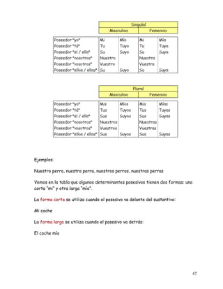 Ejemplos:
Nuestro perro, nuestra perra, nuestros perros, nuestras perras
Vemos en la tabla que algunos determinantes posesivos tienen dos formas: una
corta “mi” y otra larga “mío”.
La forma corta se utiliza cuando el posesivo va delante del sustantivo:
Mi coche
La forma larga se utiliza cuando el posesivo va detrás:
El coche mío
47
 