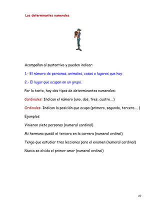 Los determinantes numerales
Acompañan al sustantivo y pueden indicar:
1.- El número de personas, animales, cosas o lugares que hay
2.- El lugar que ocupan en un grupo.
Por lo tanto, hay dos tipos de determinantes numerales:
Cardinales: Indican el número (uno, dos, tres, cuatro….)
Ordinales: Indican la posición que ocupa (primero, segundo, tercero…. )
Ejemplos:
Vinieron siete personas (numeral cardinal)
Mi hermano quedó el tercero en la carrera (numeral ordinal)
Tengo que estudiar tres lecciones para el examen (numeral cardinal)
Nunca se olvida el primer amor (numeral ordinal)
49
 