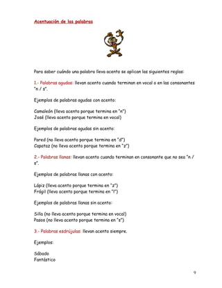 Acentuación de las palabras
Para saber cuándo una palabra lleva acento se aplican las siguientes reglas:
1.- Palabras agudas: llevan acento cuando terminan en vocal o en las consonantes
“n / s”.
Ejemplos de palabras agudas con acento:
Camaleón (lleva acento porque termina en “n”)
José (lleva acento porque termina en vocal)
Ejemplos de palabras agudas sin acento:
Pared (no lleva acento porque termina en “d”)
Capataz (no lleva acento porque termina en “z”)
2.- Palabras llanas: llevan acento cuando terminan en consonante que no sea “n /
s”.
Ejemplos de palabras llanas con acento:
Lápiz (lleva acento porque termina en “z”)
Frágil (lleva acento porque termina en “l”)
Ejemplos de palabras llanas sin acento:
Silla (no lleva acento porque termina en vocal)
Pasos (no lleva acento porque termina en “s”)
3.- Palabras esdrújulas: llevan acento siempre.
Ejemplos:
Sábado
Fantástico
9
 
