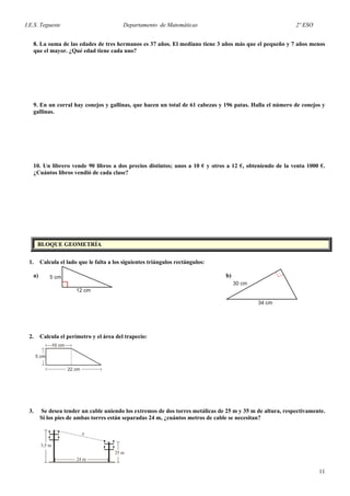 I.E.S. Tegueste Departamento de Matemáticas 2º ESO
8. La suma de las edades de tres hermanos es 37 años. El mediano tiene 3 años más que el pequeño y 7 años menos
que el mayor. ¿Qué edad tiene cada uno?
9. En un corral hay conejos y gallinas, que hacen un total de 61 cabezas y 196 patas. Halla el número de conejos y
gallinas.
10. Un librero vende 90 libros a dos precios distintos; unos a 10 € y otros a 12 €, obteniendo de la venta 1000 €.
¿Cuántos libros vendió de cada clase?
BLOQUE GEOMETRÍA
1. Calcula el lado que le falta a los siguientes triángulos rectángulos:
a) b)
2. Calcula el perímetro y el área del trapecio:
3. Se desea tender un cable uniendo los extremos de dos torres metálicas de 25 m y 35 m de altura, respectivamente.
Si los pies de ambas torres están separadas 24 m, ¿cuántos metros de cable se necesitan?
11
 