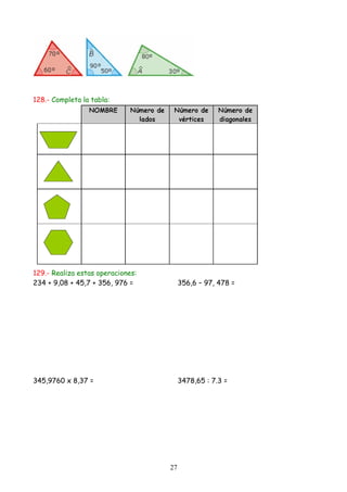 128.- Completa la tabla:




129.- Realiza estas operaciones:
234 + 9,08 + 45,7 + 356, 976 =          356,6 – 97, 478 =




345,9760 x 8,37 =                       3478,65 : 7.3 =




                                   27
 