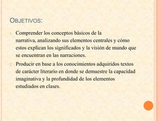 OBJETIVOS:
1. Comprender los conceptos básicos de la
narrativa, analizando sus elementos centrales y cómo
estos explican los significados y la visión de mundo que
se encuentran en las narraciones.
2. Producir en base a los conocimientos adquiridos textos
de carácter literario en donde se demuestre la capacidad
imaginativa y la profundidad de los elementos
estudiados en clases.
 