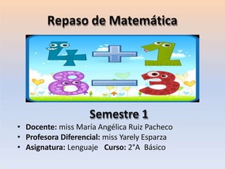 Repaso de Matemática
Semestre 1
• Docente: miss María Angélica Ruiz Pacheco
• Profesora Diferencial: miss Yarely Esparza
• Asignatura: Lenguaje Curso: 2°A Básico
 