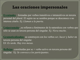  Eventuales: formadas por verbos transitivos e intransitivos en tercera
personal del plural. El sujeto no se nombra porque se desconoce o no
interesa citarlo. Ej: Llaman a la puerta.
 Unipersonales: se refieren a fenómenos de la naturaleza con verbos que
sólo se usan en tercera persona del singular. Ej: Nieva mucho.
 Gramaticalizadas: se construyen con los verbos ser, hacer y haber en
tercera persona del singular.
EJ: Es tarde, Hay tres mesas.
 Reflejas: constituidas por se + verbo activo en tercera persona del
singular. Ej: Se convoca a los participantes.
 