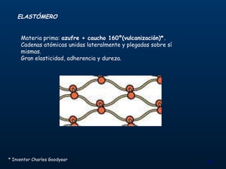 ELASTÓMERO Materia prima:  azufre + caucho 160º(vulcanización)*. Cadenas atómicas unidas lateralmente y plegadas sobre sí mismas.  Gran elasticidad, adherencia y dureza. * Inventor Charles Goodyear 