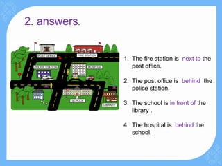 2. answers.
1. The fire station is next to the
post office.
2. The post office is behind the
police station.
3. The school is in front of the
library .
4. The hospital is behind the
school.
 
