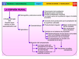 Unidad

 8       Ruralismo e industrialización             Imagen 2      HISTORIA DE ESPAÑA - 2º BACHILLERATO




   LA ESPAÑA RURAL
                                                              Crecimiento de la población
                                                              Burguesía poco numerosa
                                                              Escaso proletariado industrial
                            Demografía y estructura social
                                                              La mayor parte de la población sigue vinculada
                                                              a la tierra
 A finales del siglo
         XIX                                                   Aumento de la producción por la ampliación de
   España sigue                                               la superficie cultivable
  siendo un país                                               Productividad irregular    Bajos rendimientos
esencialmente rural                        Características                                de los cereales
                                                                                          Alto rendimiento
                            Agricultura                                                   de la viticultura
                                                               Cambios en el sistema de propiedad
                                                                    Desamortización de las tierras comunales
                                                                   y las comunidades eclesiásticas
                                                                    Concentración de la propiedad
                                                                    El campesinado no accede a la
                                                                   propiedad de la tierra
                                          Situación del campesinado
                                                      La mayor parte son
                                                     campesinos sin tierras
                                                      Constituyen una mano        Frecuentes revueltas
                                                      de obra barata                       campesinas
                                                      Trabajan la tierra con
                                                     sistemas arcaicos
 