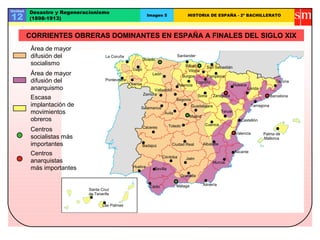 Unidad   Desastre y Regeneracionismo
12       (1898-1913)
                                                             Imagen 5                  HISTORIA DE ESPAÑA - 2º BACHILLERATO




         CORRIENTES OBRERAS DOMINANTES EN ESPAÑA A FINALES DEL SIGLO XIX
          Área de mayor
          difusión del               La Coruña
                                                           Oviedo
                                                                               Santander

          socialismo                                                                 Bilbao       San Sebastián
                                                   Lugo                                Vitoria
          Área de mayor                                        León
                                                                                    Burgos        Pamplona
          difusión del               Pontevedra
                                                  Orense                                     Logroño                                          Gerona
                                                                               Palencia                              Huesca
          anarquismo                                            Valladolid                                                    Lérida
                                                           Zamora                            Soria     Zaragoza
          Escasa                                                               Segovia
                                                                                                                                            Barcelona

          implantación de                              Salamanca                         Guadalajara                            Tarragona
          movimientos                                                  Ávila                                Teruel
                                                                                        Madrid
          obreros                                                                                                       Castellón
                                                                           Toledo                 Cuenca
                                                           Cáceres
          Centros
                                                                                                                      Valencia         Palma de
          socialistas más                                                                                                              Mallorca
          importantes                                      Badajoz          Ciudad Real          Albacete
                                                                                                                     Alicante
          Centros                                                     Córdoba         Jaén
          anarquistas                                                                                  Murcia
          más importantes                          Huelva
                                                                 Sevilla
                                                                                Granada

                                                                               Málaga            Almería
                                                              Cádiz
                            Santa Cruz
                            de Tenerife

                                   Las Palmas
 