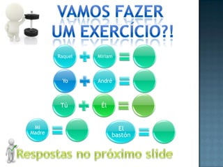 Raquel   Miriam




         Yo      André



         Tú       Él


 Mi                      El
Madre                  bastón
 