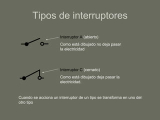 Tipos de interruptores Interruptor A  (abierto) Como está dibujado no deja pasar la electricidad Interruptor C  (cerrado) Como está dibujado deja pasar la electricidad. Cuando se acciona un interruptor de un tipo se transforma en uno del otro tipo 