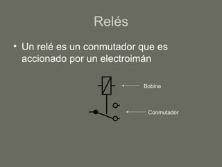 Relés Un relé es un conmutador que es accionado por un electroimán Conmutador Bobina 