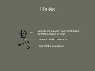 Relés cuando por la bobina pasa electricidad, se transforma en un imán actúa sobre el conmutador que cambia de posición 
