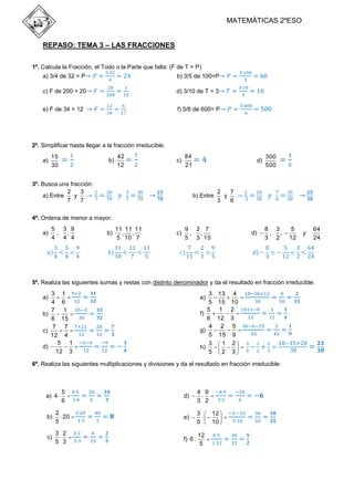 MATEMÁTICAS 2ºESO
REPASO: TEMA 3 – LAS FRACCIONES
1º. Calcula la Fracción, el Todo o la Parte que falta: (F de T = P)
a) 3/4 de 32 = P

b) 3/5 de 100=P

c) F de 200 = 20

d) 3/10 de T = 3

e) F de 34 = 12

f) 5/6 de 600= P

2º. Simplificar hasta llegar a la fracción irreducible.
a)

15
30

b)

42
12

c)

3º. Busca una fracción:
2
3
a) Entre
y .
7
7

84
21

d)

b) Entre

300
500

2
7
y .
3
6

4º. Ordena de menor a mayor.
a)

5 3 9
,
,
4 4 4

b)

11 11 11
, ,
5 10 7

c)

9 2 7
,
,
5 3 15

d) 

8 3
5
,
, 
3 2
12

y

64
24

5º. Realiza las siguientes sumas y restas con distinto denominador y da el resultado en fracción irreducible:

3 1
 
4 6
7 1
b) 

6 15
7 7
 
c)
12 4
5 1
d) 
 
12 3

3 13 4



5 15 10
5 1 2
f) 
 
6 12 3
4 2 5
g) 
 
5 15 9
3  1 2
h)     
5 2 3

a)

e)

6º. Realiza las siguientes multiplicaciones y divisiones y da el resultado en fracción irreducible:

5

6

d) 

4 9
 
3 2

b)

2
 20 
5

e) 

3  12 
 

5  10 

c)

3 2
 
5 3

f) 6 :

12

5

a) 4 

 