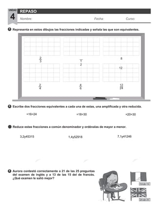 2
3 1
2
8
12
2
4
4
6
12
24
5
6
8
Representa en estos dibujos las fracciones indicadas y señala las que son equivalentes.
Escribe dos fracciones equivalentes a cada una de estas, una amplificada y otra reducida.
Reduce estas fracciones a común denominador y ordénalas de mayor a menor.
Aurora contestó correctamente a 21 de las 25 preguntas
del examen de inglés y a 13 de las 15 del de francés.
¿Qué examen le salió mejor?
UNIDAD
4
REPASO
Nombre: Fecha: Curso:
=20=30=16=24 =18=30
7
3,2y45315
7
1,4y52918 7,1y41246
 