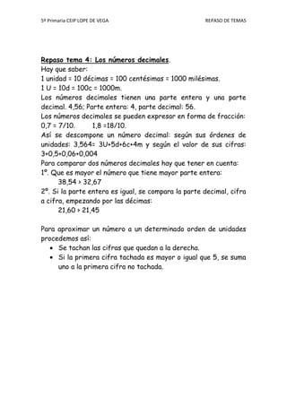 5º Primaria CEIP LOPE DE VEGA                        REPASO DE TEMAS




Repaso tema 4: Los números decimales.
Hay que sab...