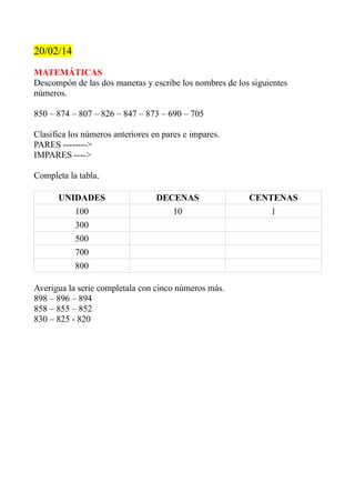 20/02/14
MATEMÁTICAS
Descompón de las dos maneras y escribe los nombres de los siguientes
números.
850 – 874 – 807 – 826 – 847 – 873 – 690 – 705
Clasifica los números anteriores en pares e impares.
PARES -------->
IMPARES ---->
Completa la tabla.
UNIDADES

DECENAS

CENTENAS

100

10

1

300
500
700
800
Averigua la serie completala con cinco números más.
898 – 896 – 894
858 – 855 – 852
830 – 825 - 820

 