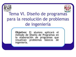 Tema VI. Diseño de programas
para la resolución de problemas
de ingeniería
Objetivo: El alumno aplicará el
método de Diseño de Programas en
la elaboración de programas que
resuelvan problemas básicos de
ingeniería.
 