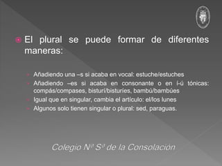  El plural se puede formar de diferentes
maneras:
› Añadiendo una –s si acaba en vocal: estuche/estuches
› Añadiendo –es si acaba en consonante o en í-ú tónicas:
compás/compases, bisturí/bisturíes, bambú/bambúes
› Igual que en singular, cambia el artículo: el/los lunes
› Algunos solo tienen singular o plural: sed, paraguas.
 