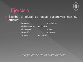  Escribe el plural de estos sustantivos con su
artículo:
la mesa el médico
el diccionario el coche
el viernes la luz
la nación el botón
el sofá el caribú
 