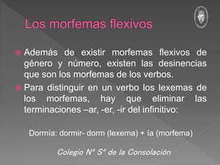  Además de existir morfemas flexivos de
género y número, existen las desinencias
que son los morfemas de los verbos.
 Para distinguir en un verbo los lexemas de
los morfemas, hay que eliminar las
terminaciones –ar, -er, -ir del infinitivo:
Dormía: dormir- dorm (lexema) + ía (morfema)
Colegio Nª Sª de la Consolación
 