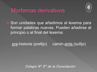  Son unidades que añadimos al lexema para
formar palabras nuevas. Pueden añadirse al
principio o al final del lexema:
pre-historia (prefijo) camin-ante (sufijo)
Colegio Nª Sª de la Consolación
 