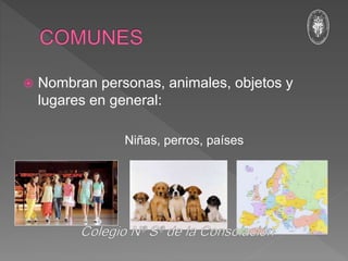  Nombran personas, animales, objetos y
lugares en general:
Niñas, perros, países
 