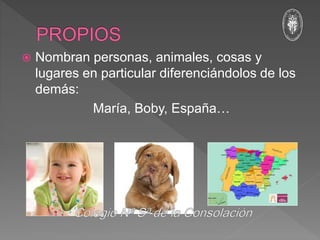  Nombran personas, animales, cosas y
lugares en particular diferenciándolos de los
demás:
María, Boby, España…
 