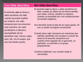 Con tilde diacrítica Sin tilde diacrítica
El adverbio aún es tónico y
debe escribirse con tilde
cuando se puede sustituir
por todavía, con valor
temporal (aún me emociona
esta canción); con valor
ponderativo o intensivo,
acompañado de los
adverbios más, menos, mejor,
peor, etc. (no te quejes, que
aún has tenido suerte).
El adverbio aun es átono y debe escribirse sin
tilde: cuando se utiliza con el mismo sentido
que hasta, incluso, también (o siquiera,
cuando va precedido de ni en construcciones
de sentido negativo):
Aun dormida recita la lista de los reyes godos. Ni
aun su padre consiguió convencerla.
Cuando tiene valor concesivo en oraciones que
admiten paráfrasis con aunque o a pesar de,
tanto en la locución conjuntiva aun
cuando como seguido de un gerundio, un
participio, un adverbio o un grupo
preposicional:
Continuó hablando, aun cuando nadie le
escuchaba.
 