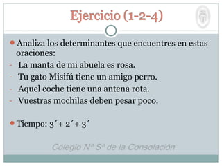 Analiza los determinantes que encuentres en estas
oraciones:
- La manta de mi abuela es rosa.
- Tu gato Misifú tiene un amigo perro.
- Aquel coche tiene una antena rota.
- Vuestras mochilas deben pesar poco.
Tiempo: 3´+ 2´+ 3´
 
