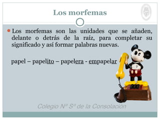 Los morfemas son las unidades que se añaden,
delante o detrás de la raíz, para completar su
significado y así formar palabras nuevas.
papel – papelito – papelera - empapelar
Los morfemas
 