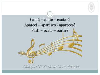Canté – canto – cantaré
Aparecí – aparezco - apareceré
Partí – parto – partiré
 