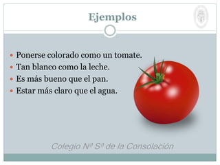  Ponerse colorado como un tomate.
 Tan blanco como la leche.
 Es más bueno que el pan.
 Estar más claro que el agua.
Ejemplos
 