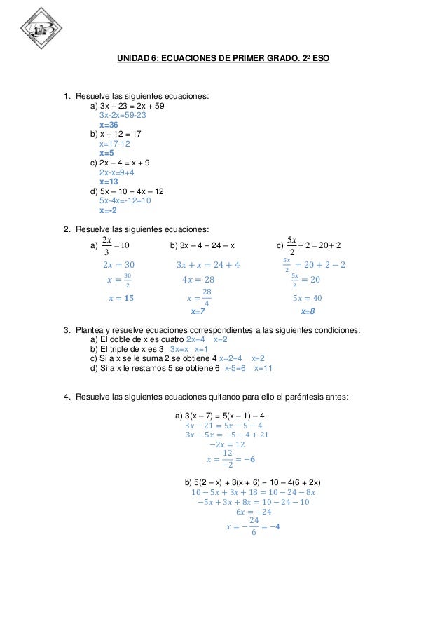 Repaso Ecuaciones De Primer Grado 2ºeso