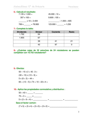 MMMaaattteeemmmááátttiiicccaaasss 555ººº dddeee PPPrrriiimmmaaarrriiiaaa VVVaaacccaaaccciiiooonnneeesss
3
6.- Calcula el resultado:
7.135 x 1.000 = 45.000 : 10 =
307 x 100 = 9.800 : 100 =
_______ x 10 = 3.400 __________ : 1.000 = 605
789 x ______ = 78.900 123.000 : ______ = 1.230
7.- Completa la tabla:
Dividendo Divisor Cociente Resto
1.792 64
1.855 67
38 41 21
42 97 0
8.- ¿Cuántas cajas de 32 estuches de 24 rotuladores se pueden
completar con 10.752 rotuladores?
9.- Efectúa:
50 – 15 x 2 + 45 : 3 =
(30 + 15) x (13 – 9) =
5 x (8 + 3) – 44 =
66 + (13 – 5) x 74 + 10 – 23 x 4 =
10.- Aplica las propiedades conmutativa y distributiva :
50 + 43 = _____ + _______
75 + 3 = _____ x _______
5 x (3 + 6 + 4) = _____________ + ____________ + ____________
Saca el factor común:
(7 x 5) + (5 x 4) + (3 x 5) + (5 x 2) = _________________________
 