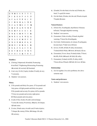 Teacher’s Resource Bank ESO 4 / © Pearson Educación, S.A., 2006
4.
Q W H E S R T Y U
P I E O S P A S D
A F A G T P H J T
I J D K O A L M E
N Z A X M I C V M
I R C B A N N M P
N U H P C I O I E
T N E U H N Y T R
H N R E A T W Q A
E Y A S C H D F T
C N G T H E F L U
H O H J E B K L R
E S L Z X A C V E
S E V D B C N M N
T P O I U K T R E
Modifiers
1. 2 boring; 3 depressed; 4 insulted; 5 annoying;
6 terrified; 7 frightening; 8 interesting; 9 amusing;
10 excited; 11 worried; 12 frustrated.
2. 1 not very; 2 a bit; 3 quite; 4 rather; 5 really; 6 very;
7 extremely.
3. Students’ own answers.
Money
1. 2 Six pounds and thirty-five pence. 3 Ten pounds and
forty pence. 4 Eight pounds and thirty-two pence.
5 Six pounds and seventy-five pence. 6 Five pounds.
7 Forty-two pounds and seventy-eight pence.
8 Fifteen pounds and sixty pence.
2. 2 cash; 3 free; 4 sales; 5 credit card; 6 change;
7 coins; 8 e-money; 9 currency; 10 price; 11 cheque;
12 bank notes.
3. 2 coins; 3 bank notes; 4 credit card; 5 sales; 6 price;
7 cheque; 8 e-money; 9 free; 10 change; 11 cash;
12 currency.
4. 2 loaded; 3 in the black; 4 in the red; 5 broke; 6 a
buck; 7 a quid; 8 a tenner.
5. 2 in the black; 3 broke; 4 in the red; 5 bucks; 6 quid;
7 loaded; 8 tenner.
Natural features
1. 2 forest fire; 3 earthquake; 4 pollution; 5 disease;
6 floods; 7 drought; 8 global warming.
2. Students’ own answers.
3. 2 mountain; 3 lake; 4 valley; 5 beach; 6 global
warming; 7 forest fire; 8 earthquake.
4. 2 oil slick; 3 deforestation; 4 volcano; 5 earthquake;
6 ozone layer; 7 tidal wave; 8 forest.
5. 2 river; 3 cliffs; 4 field; 5 valley; 6 mountain;
7 island; 8 hill; 9 lake; 10 forest; 11 beach; 12 sea.
6. 2 mountain; 3 river; 4 sea; 5 island; 6 lake; 7 forest;
8 cliffs; 9 hill; 10 beach; 11 field; 12 valley.
7. 2 mountain; 3 island; 4 cliffs; 5 valley; 6 hill;
7 forest; 8 sea; 9 beach; 10 field; 11 river; 12 lake.
Relationships
1. 2 to be together; 3 to solve problems; 4 to drive
someone mad.
Tastes and preferences
1. Students’ own answers.
 