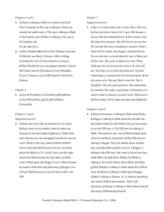 Teacher’s Resource Bank ESO 4 / © Pearson Educación, S.A., 2006
Chapters 2 and 3
1. a Diane is talking to Mark in a small room at St
Peter’s hospital. b The cop is talking to Mark just
outside the small room. c The cop is talking to Mark
in the hospital cafe. d Mark is talking to the cop in
the hospital cafe.
i b; ii c; iii d; iv a.
2. a Barry Muldano iii lived in New Orleans. b Jerome
Clifford iv was Barry’s lawyer. c Roy Foltrigg
vi worked for the US Government as a lawyer.
d Slick Moeller ii was a newspaper reporter. e Jason
McThune i was an FBI detective from Memphis.
f Larry Truman v was an FBI detective from New
Orleans.
Chapter 4
1. a Fact; b Possibility; c Possibility; d Possibility;
e Fact; f Possibility; g Fact; h Possibility;
i Possibility.
Chapters 5 and 6
Suggested answers:
1. a Ricky does not wake up because he is in shock.
b Ricky must see his mother when he wakes up
because he has been badly frightened. c Mark feels
sick when he sees the newspaper because he sees the
word ‘Mafia’in the story about Clifford. d Mark
knows about the Mafia because he has seen films
about the Mafia on TV. e Gill Teal is not the right
lawyer for Mark because he only takes accident
cases. f Mark goes into Reggie Love’s office because
he wants to hide from the policeman. g Reggie Love
will see Mark because he says he has to talk to the
FBI.
Chapter 7
Suggested answers:
1. a She is a woman with a man’s name. She is fifty-two
but has only been a lawyer for 5 years. She became a
lawyer after her husband left her. b She is kind to him.
She takes him seriously. She tells him he can trust her.
He sees that they have something in common: Mark’s
father left his mother, like Reggie’s husband left her.
He sees that she is worried about his case. c Mark can’t
tell his story. She wants to help him to start. When
Mark pays her, he becomes her client so he must tell
her. Also they are not adult and child now, but their
relationship is a professional one between equals. d Yes
she seems to be. She gets Mark to trust her. She is
thoughtful. She asks good questions. She understands
his situation. She makes a good plan. e Sometimes it is
easier to talk to someone you don’t know. Mark knows
that his mother will be angry and upset and frightened.
Chapters 8 and 9
1. a Doctor Greenway is talking to Mark about Ricky.
b Reggie is talking to Mark about the recorder she
has hidden under his shirt before they go downstairs
to see the FBI men. c The FBI men are talking to
Mark. The question was: was Clifford already dead
when he and Ricky found him? d The FBI men are
talking to Reggie. They are talking about whether
they said that Mark needed a lawyer. e Reggie is
talking to the FBI men. She wants to know how they
think Mark can help them. f Barry the Blade is
talking to his Uncle Johnny about Mark and Ricky.
g Slick Moeller is talking to Mark about the Clifford
story. h Dianne is talking to Mark about Reggie.
i Mark is talking to Dianne. ‘It’ is what he and Ricky
saw when Clifford shot himself. ‘Him’is Dr
Greenway. j Dianne is talking to Mark about what he
did when Clifford killed himself.
 