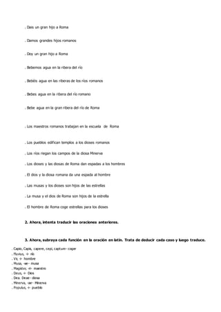 . Dais un gran hijo a Roma
. Damos grandes hijos romanos
. Doy un gran hijo a Roma
. Bebemos agua en la ribera del río
. Bebéis agua en las riberas de los ríos romanos
. Bebes agua en la ribera del río romano
. Bebe agua en la gran ribera del río de Roma
. Los maestros romanos trabajan en la escuela de Roma
. Los pueblos edifican templos a los dioses romanos
. Los ríos riegan los campos de la diosa Minerva
. Los dioses y las diosas de Roma dan espadas a los hombres
. El dios y la diosa romana da una espada al hombre
. Las musas y los dioses son hijos de las estrellas
. La musa y el dios de Roma son hijos de la estrella
. El hombre de Roma coge estrellas para los dioses
2. Ahora, intenta traducir las oraciones anteriores.
3. Ahora, subraya cada función en la oración en latín. Trata de deducir cada caso y luego traduce.
.
. Fluvius, -
. Vir, -
. Musa, -
. Magister, -
. Deus, -
. Minerva, -
. Populus, -
 