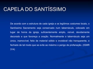 AMBÃOA dignidade da Palavra de Deus requer na igreja um LUGAR CONDIGNO de onde possa ser anunciada e para onde se volte espontaneamente à atenção dos fiéis no momento da liturgia da palavra. De modo geral, convém que esse lugar seja uma ESTRUTURA ESTÁVEL e não uma simples estante móvel. O AMBÃO seja disposto de tal modo em relação à forma da igreja que os ministros ordenados e os leitores possam ser vistos e ouvidos facilmente pelos fiéis.Do AMBÃO são proferidas somente as leituras, o salmo responsorial e o precônio pascal; também se podem proferir a homilia e as intenções da oração universal ou oração dos fiéis. A dignidade do AMBÃO exige que a ele suba somente o ministro da Palavra (IGMR 309).