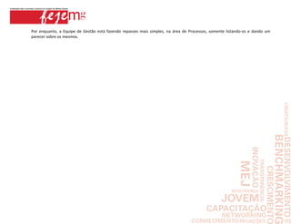 Por enquanto, a Equipe de Gestão está fazendo repasses mais simples, na área de Processos, somente listando-os e dando um
parecer sobre os mesmos.
 