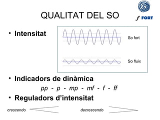 QUALITAT DEL SO
• Intensitat
• Indicadors de dinàmica
pp - p - mp - mf - f - ff
• Reguladors d’intensitat
So fort
So fluix
crescendo decrescendo
 