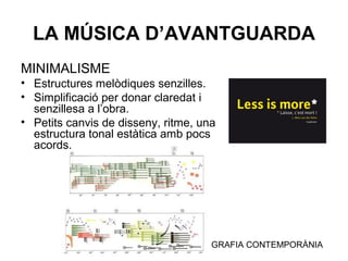 LA MÚSICA D’AVANTGUARDA
MINIMALISME
• Estructures melòdiques senzilles.
• Simplificació per donar claredat i
senzillesa a l’obra.
• Petits canvis de disseny, ritme, una
estructura tonal estàtica amb pocs
acords.
GRAFIA CONTEMPORÀNIA
 