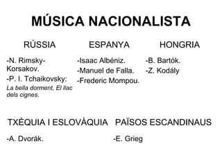 MÚSICA NACIONALISTA
RÚSSIA ESPANYA HONGRIA
-N. Rimsky-
Korsakov.
-P. I. Tchaikovsky:
La bella dorment, El llac
dels cignes.
-Isaac Albéniz.
-Manuel de Falla.
-Frederic Mompou.
-B. Bartók.
-Z. Kodály
TXÈQUIA I ESLOVÀQUIA PAÏSOS ESCANDINAUS
-A. Dvorák. -E. Grieg
 