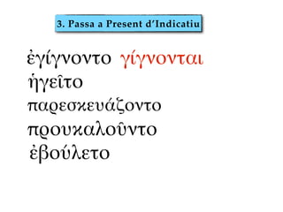 ἐγίγνοντο γίγνονται
ἡγεῖτο
παρεσκευάζοντο"
προυκαλοῦντο
ἐβούλετο
3. Passa a Present d’Indicatiu
 